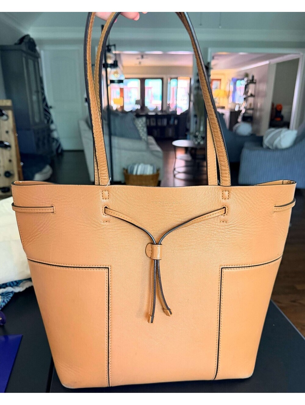 Tory Burch Block-T Drawstring Leather Bucket Tote Bag Satchel Vachetta #10005608